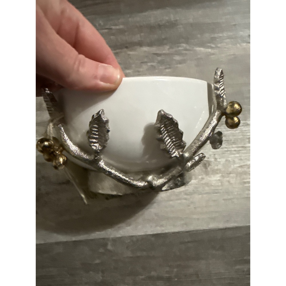 Handcrafted India White Ceramic Bowl with Silver Branch and Gold Berry Base 6"
